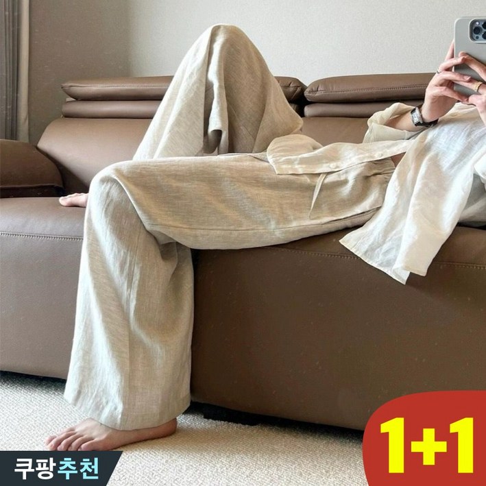 (25년 신상) 80kg까지 1+1 빅사이즈 여성 하이웨이스트 리넨 롱 와이드 바지 여름 편한 쿨 나른한 허리 밴딩 통바지 큰옷 무지 스트링 베이직 긴바지 모던 슬렉스 면 마 팬츠