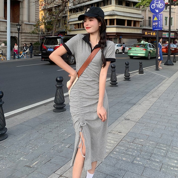 Kdragon  여성 브이넥 골지 신축성  슬리핏 옆트임 프릴 반팔 롱 원피스