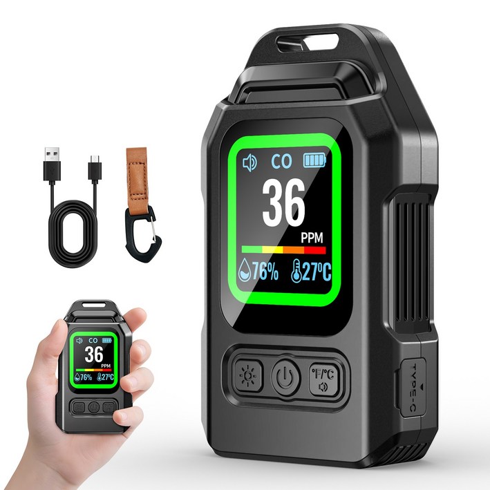 일산화탄소 경보기 측정기 감지기 휴대용 차량용 캠핑용 밝기조절 온습도 표시, 블랙