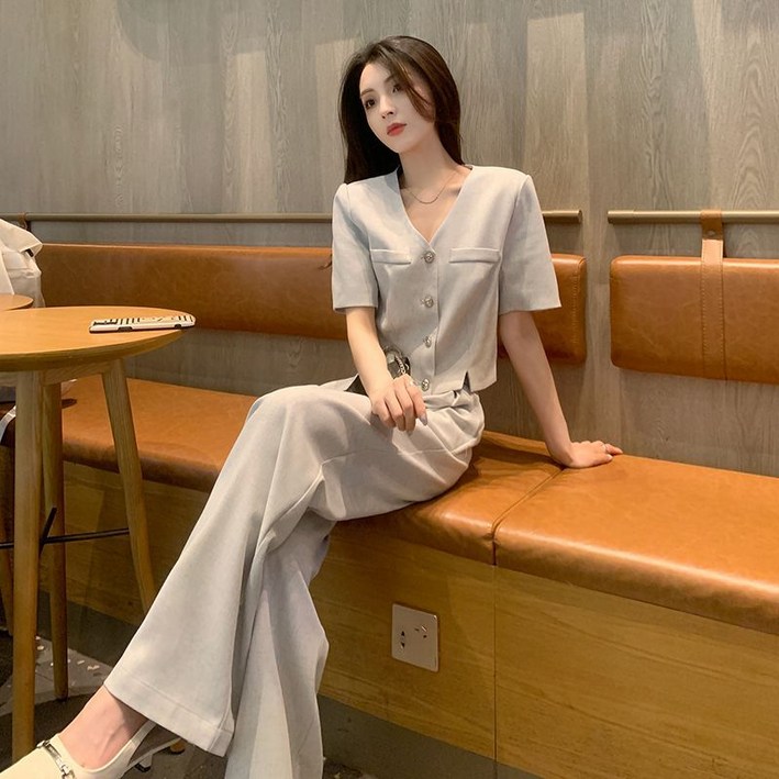 여성 정장 투피스 세트 여자 여름 세련된 세트업 반소매 상의 와이드 팬츠 우아한 스타일 LCL