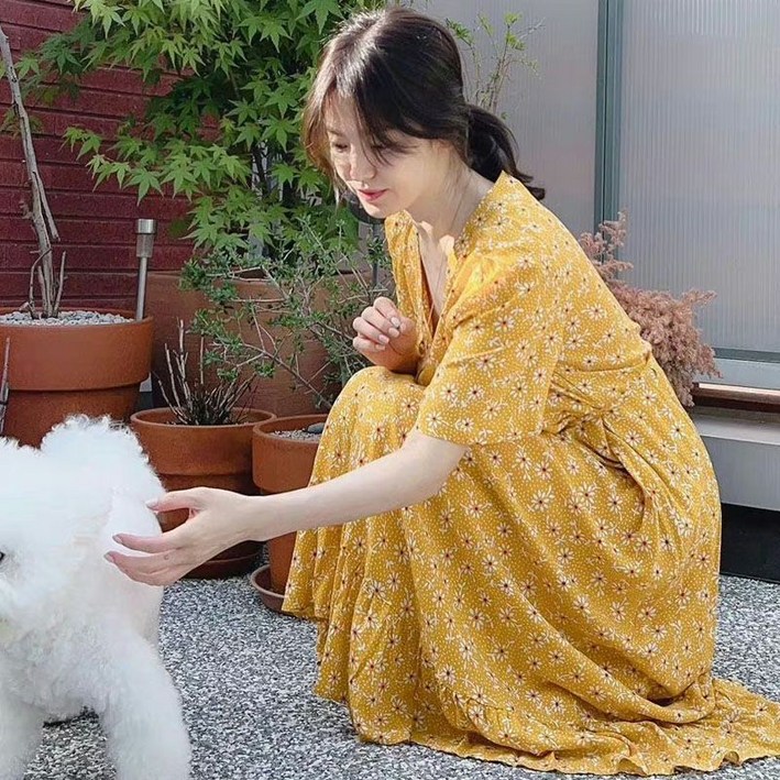 송혜교 같은 반팔 쉬폰 드레스 V 넥 얇은 A라인 스커트 원피스