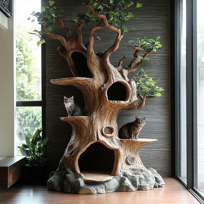 고양이 원목 캣타워 대형 선반캣타워 반려묘 인테리어용 고양이집 등반 놀이기구 숨숨집캣타워 자연스러운 나무 디자인 고양이용품 고양이스크래쳐 포함, 1개, 고양이 나무집 A형 높이 2.5미터