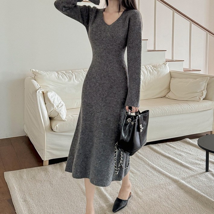떳다그녀 카르민 브이넥 슬림 골지 간절기 포멀 데일리룩 꾸안꾸 미니멀 도톰 가을 겨울 니트 롱원피스