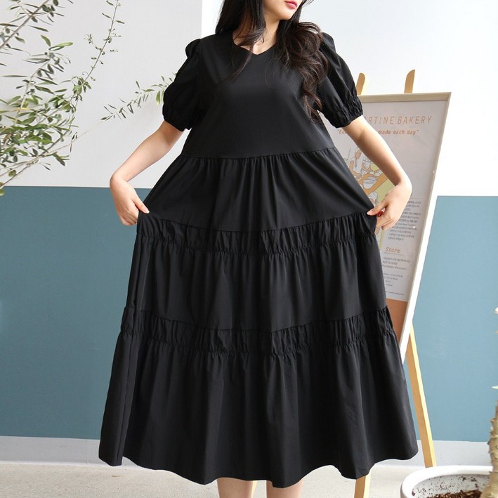 메리앤유 이지데일리 셔링주름 3단캉캉 반팔원피스