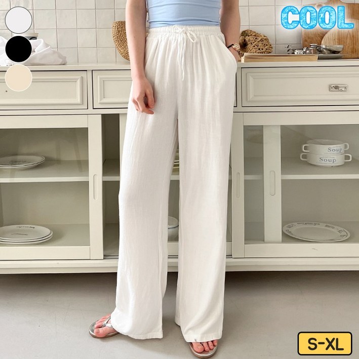 가비진 여성용 쿨 린넨 쫀쫀 허리 밴딩 일자 롱기장 팬츠 바지 찰랑 린넨바지 빅사이즈까지