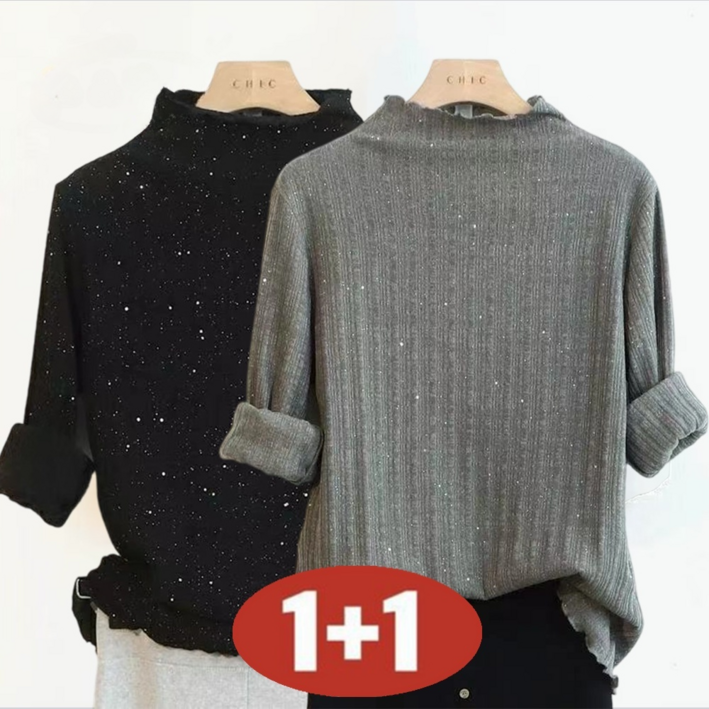 오스틱니 100kg까지 빅사이즈 1+1 여성 반터틀 이너 스팽글 니트티 봄 가을 편한 빤짝이 트리밍 루즈핏 단아한 패션 캐주얼 주름 폼폼 입체 순색 슬림 심플 스판 상의 세트