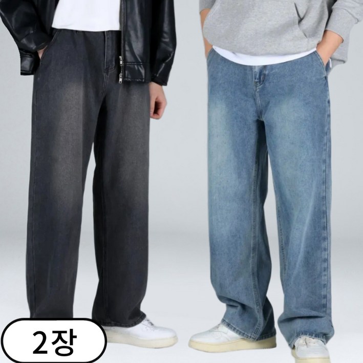 1+1 남자 빅사이즈 뒷 밴딩 데님 팬츠 세미 와이드 청바지 (6693-2)