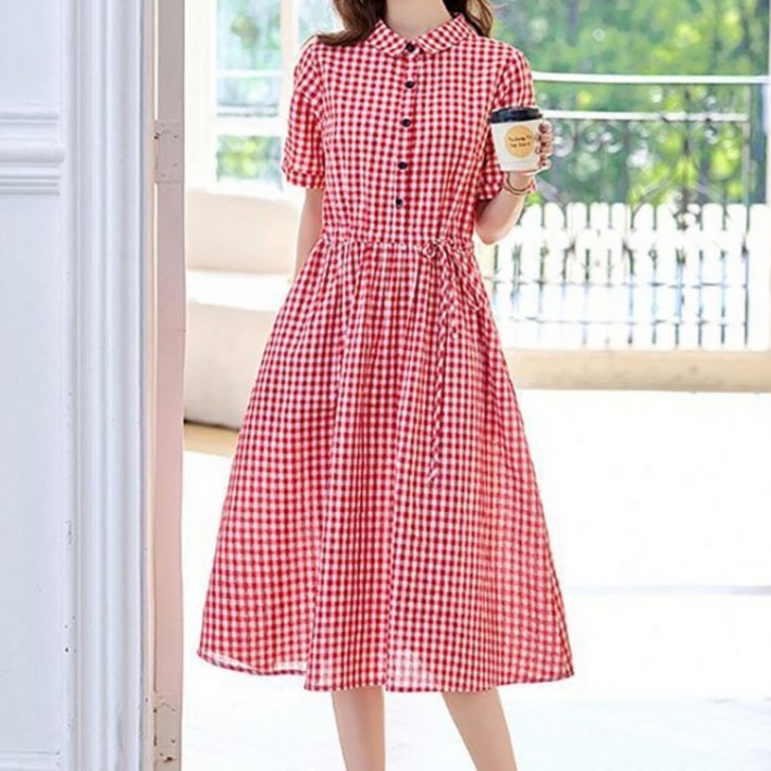 지고다그 여성 여름 린넨 체크 롱 원피스 반팔 허리 스트링 A라인 체형커버 데일리룩 ZXA0337