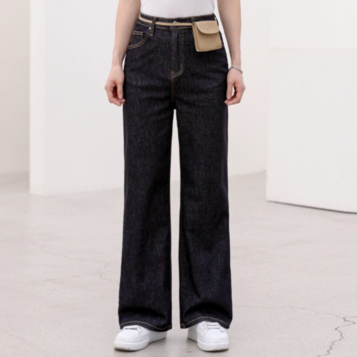 시크폭스 여성용 기본롱 이첼 논페이드 스판 와이드 데님팬츠