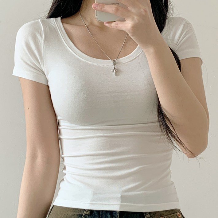 라라온 여성용 국내제작 U넥 스판 슬림핏 무지 반팔 티셔츠 TSP1900