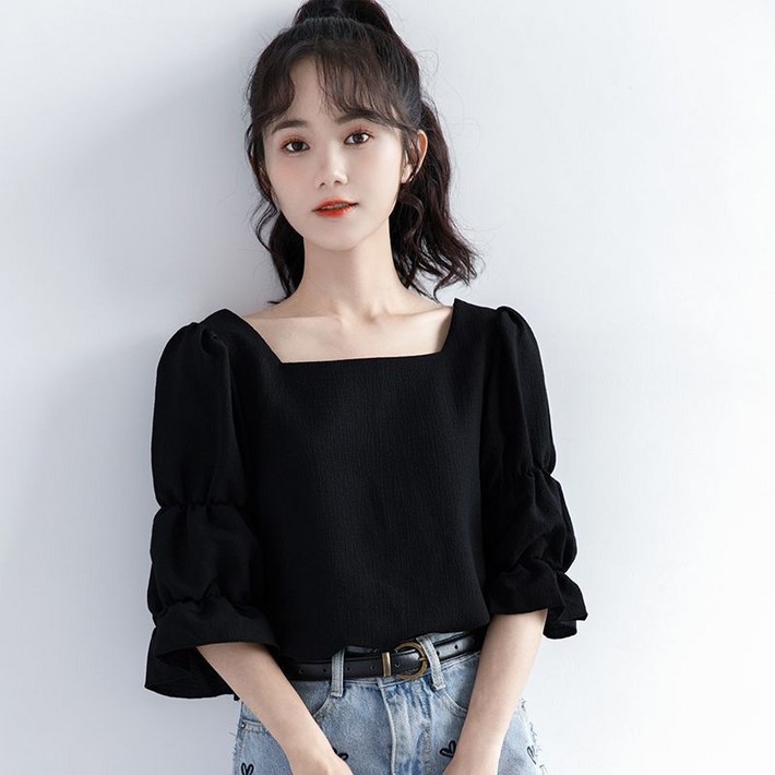 해피유통 여성 스퀘어넥 캐주얼 무지 심플 5부 셔츠 jhz