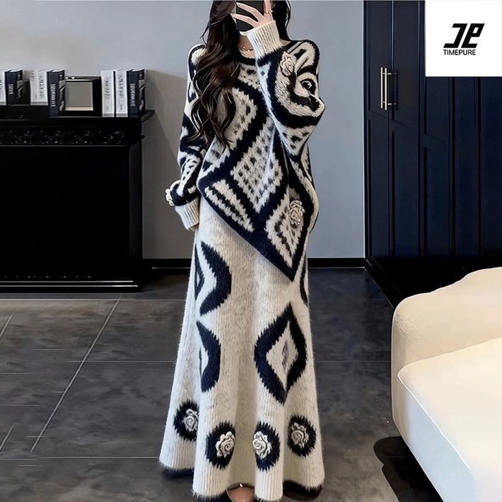 고급 니트 스커트 세트 봄 여성 블랙 니트 원피스 세트 우아한 블랙 니트 세트 데일리룩 A라인 니트 스커트 세트