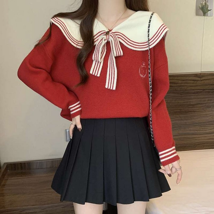 더벨러리 여성 빅카라 배색 세라 니트 BKN4573 리본 마린 스웨터