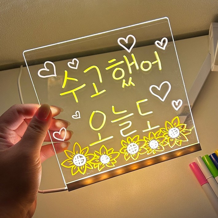 푸꾸푸꾸 LED 아크릴 무드등 보드판 네온보드 메모판, 소형 15x15cm