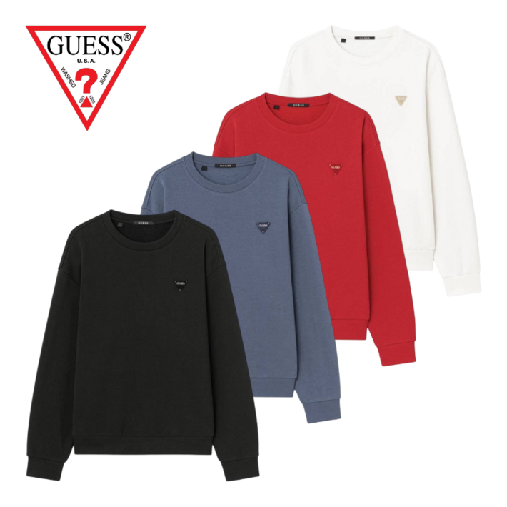 백화점발송게스 남여공용 티셔츠 맨투맨 세미오버핏 미니삼각 기모 맨투맨 커플티셔츠 여행 일상 트렌디한 핏 연출 심플한 디자인 캐주얼룩 완성 부드러운 터치감 적당한 두께감