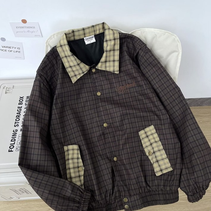 가을 겨울 일본식 복고 체크 코트 남녀 공용 대학 스타일 패치워크 라펠 루즈핏 캐주얼 체크 재킷