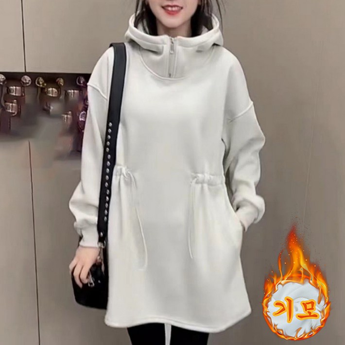 ORZQU 가을겨울 여성 캐주얼 솔리드 집업 하이넥 기모 스트링 긴팔 맨투맨