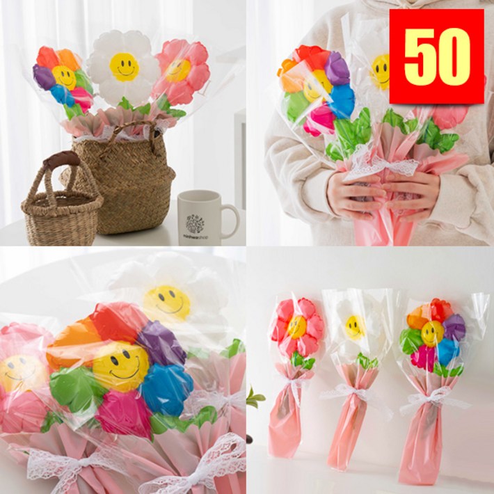 10개 배송료X 데이지풍선 3종혼합 꽃다발 스마일 생일파티 용품 졸업입학 풍선, 50세트, P0000GEV