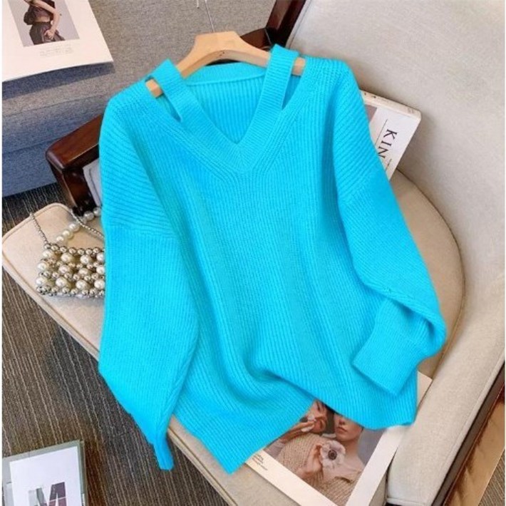 보그핏 추바상의 여성 브이넥 끈카라 데일리 니트 긴팔 상의