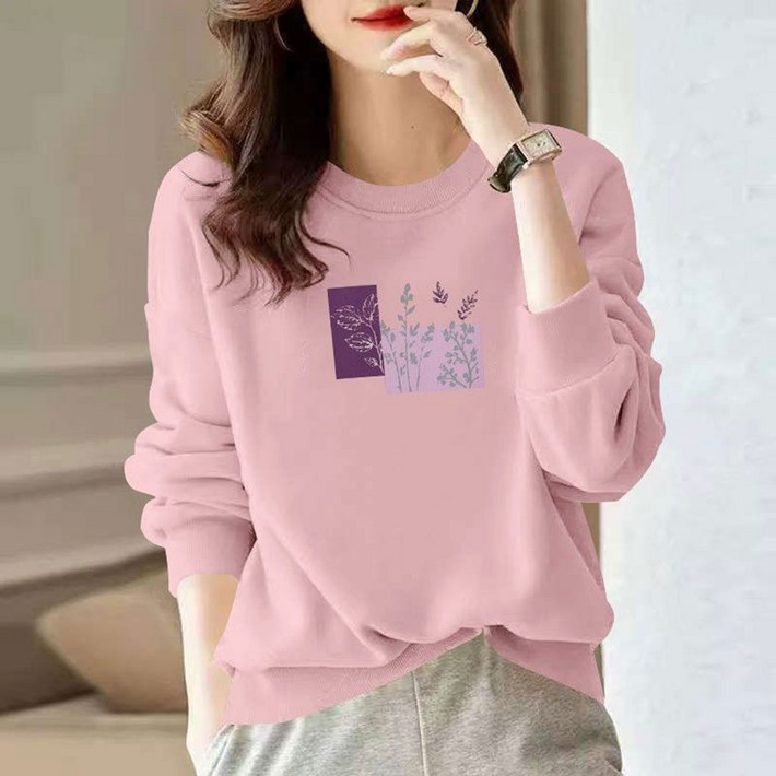 ROYALBELLE 여성 순면 패션 긴팔 프린트 맨투맨 라운드넥 캐주얼 데일리 맨투맨 J091933