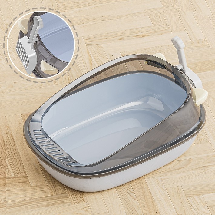 Sunghwi 대형 오픈형 고양이 귀 디자인 고양이 화장실 사막화방지 배변통 모래삽 세트, 1개, 그레이