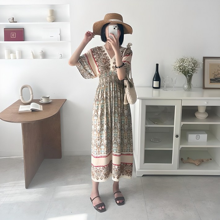 마쿠쿠 브이넥 에스닉 보헤미안 반팔 여성 쉬폰 롱 원피스 휴양지 바캉스