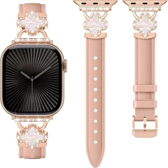 애플워치 호환 가죽 스트랩 큐빅 체인 네잎 클로버 밴드11 10 9 8 7 6 5 3 2 4 se23 ultra23, 인디핑크로즈골드
