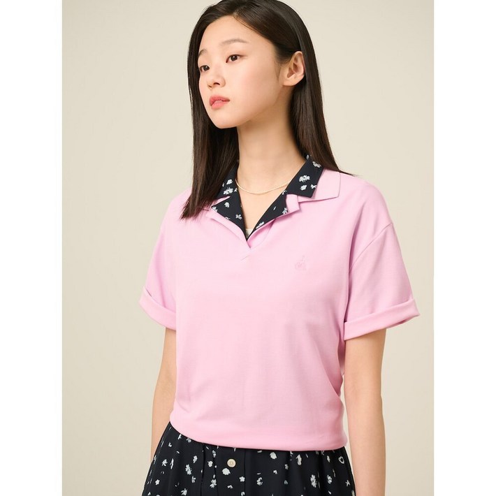 매장정품 빈폴레이디스 피케 밑단 스트링 반소매 칼라 티셔츠 핑크 감성 모던핏