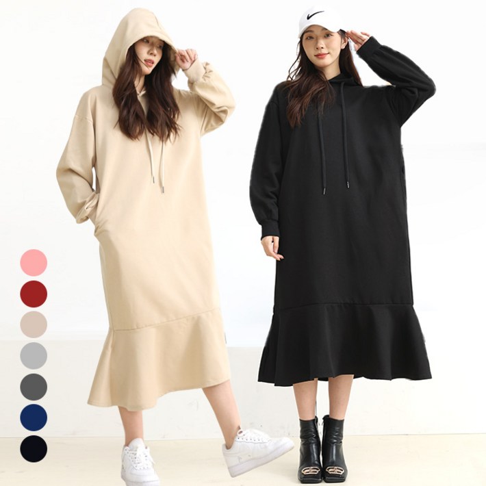 텐클로 빅사이즈 44130 여성 기모 루즈핏 후드 웨이브 맨투맨 롱 원피스