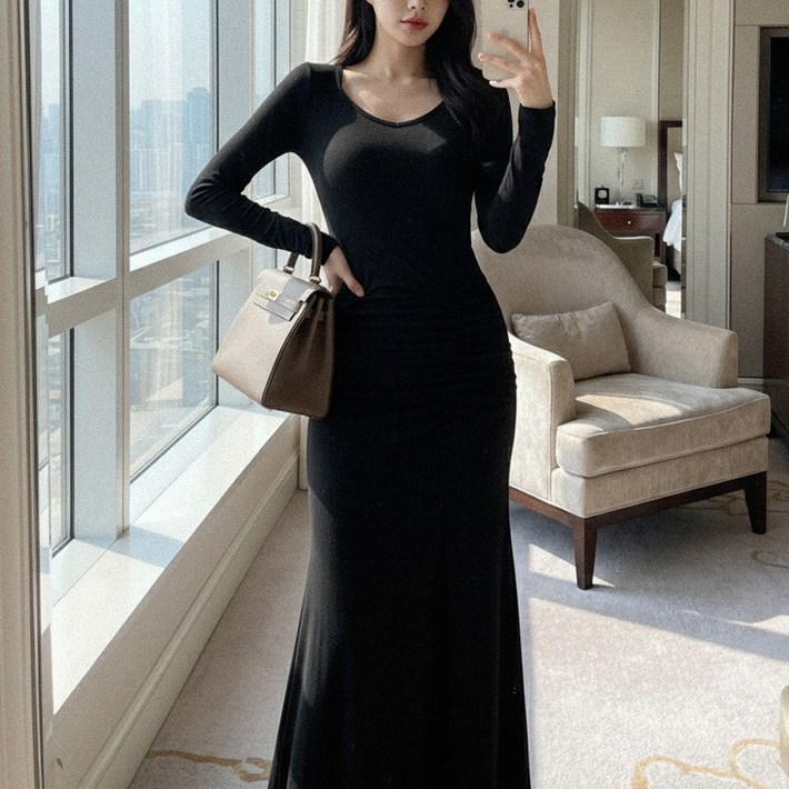 글램디브 에세루 스퀘어넥 셔링 롱드레스 AC0273