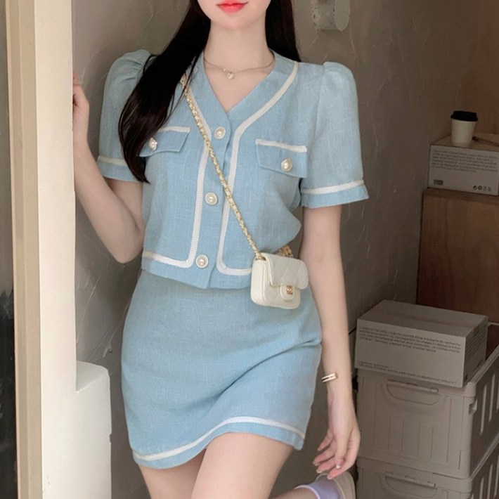 투피스 세트 반팔 크롭 여성 자켓 미니 스커트 여름