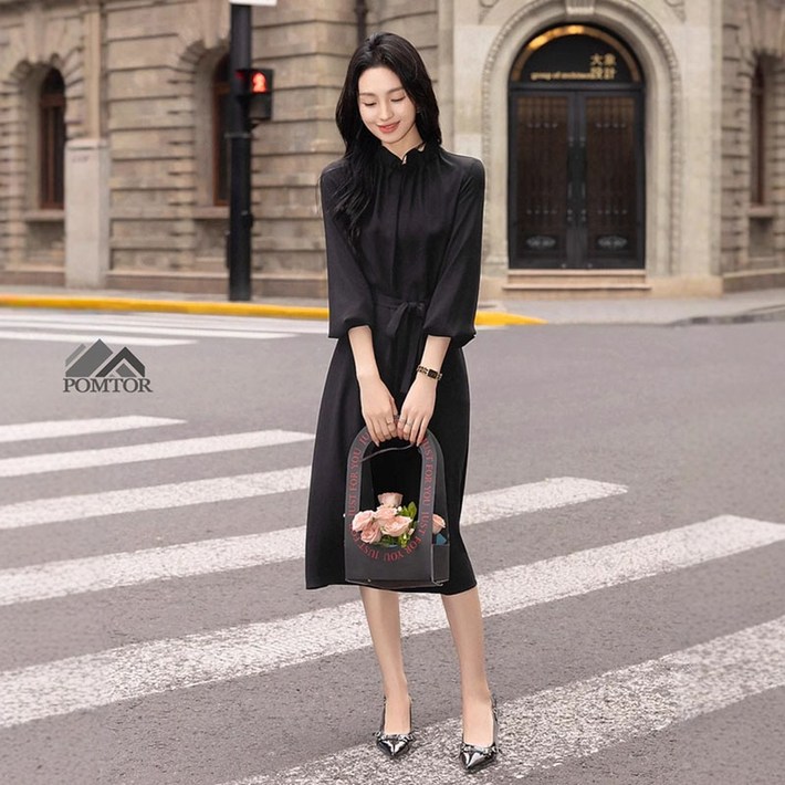POMTOR 여성 봄 프릴넥 롱 원피스  빅사이즈 통근 하객룩