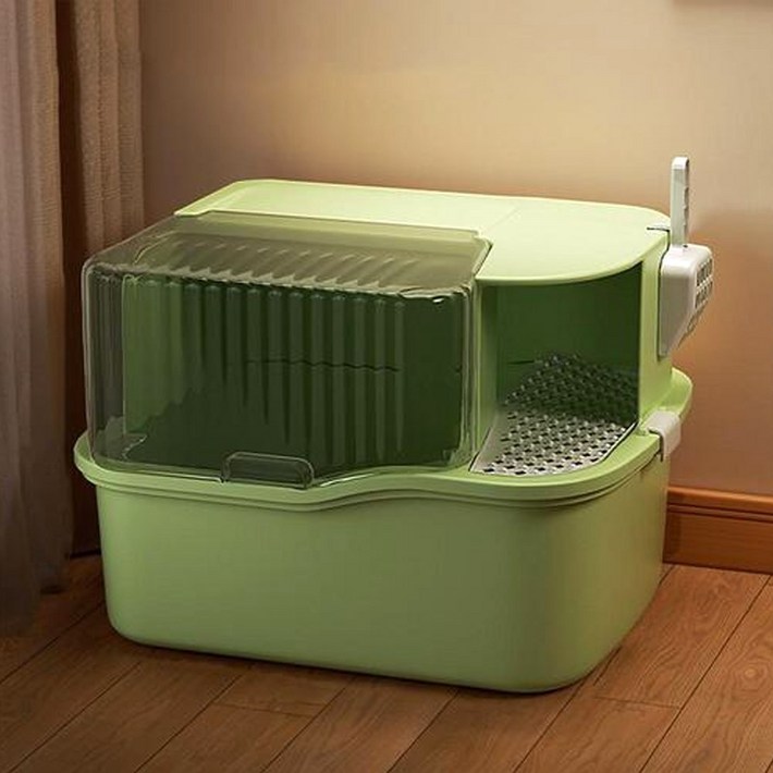 개과천선 레네티 캣 토일렛 후드형 오픈형 전면분리 고양이 화장실 사막화 방지 모래삽 포함, 파스텔 그린, 1개