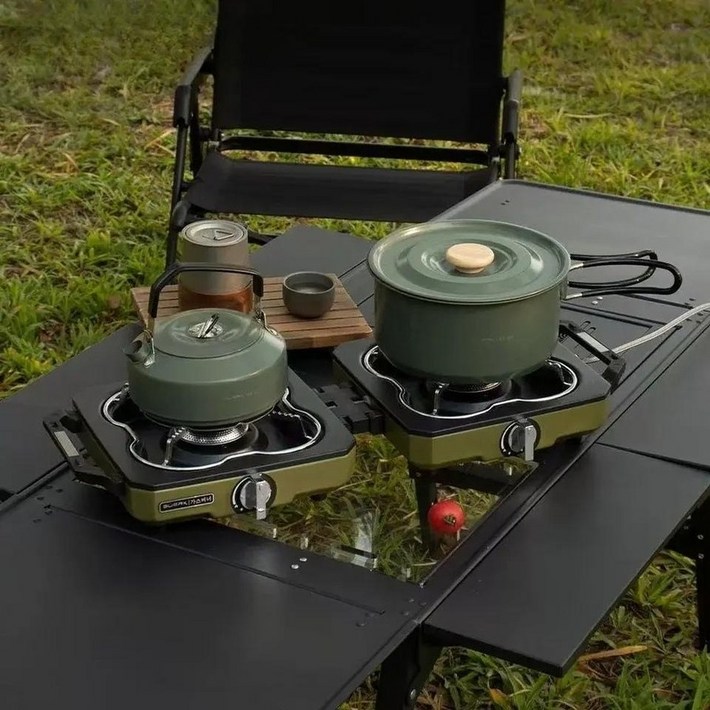 BUERK 캠핑 스토브 더블 버너 휴대용 고화력 접이식 버너 캠핑·차박·야외요리 필수템, 카키