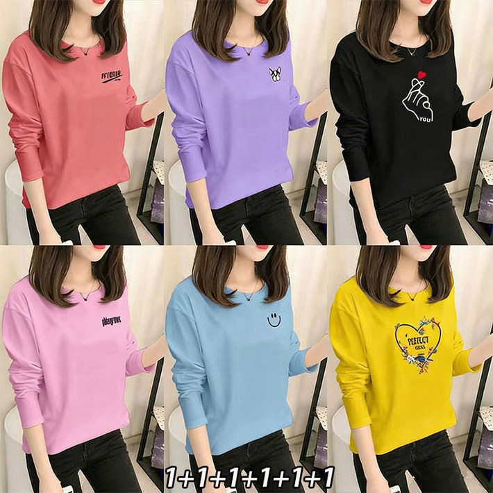 YLEMI 111111 봄 가을 사계절 간절기 이너 기본 티셔츠 여유로운 여성 긴팔티셔츠