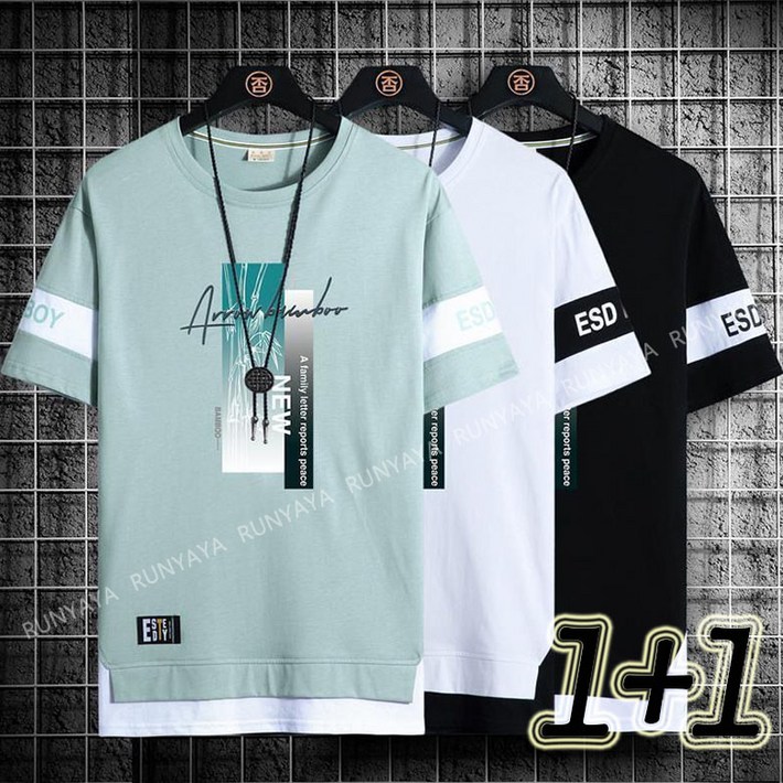 RUNYAYA 2장세트 11 남성 반팔티 데일리 캐주얼 운동복 티셔츠 상의 편한 반팔 트린트 티 레이어드 여름티