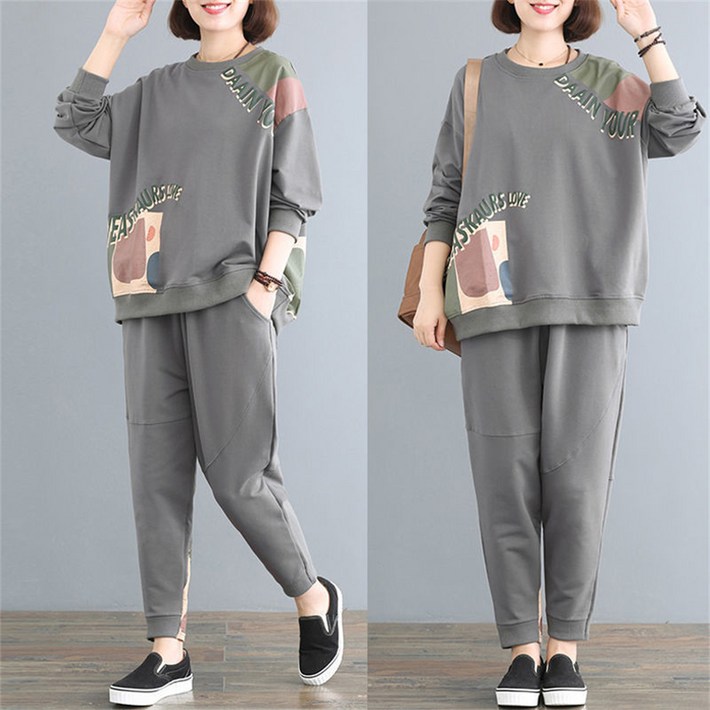 TKX 여성 캐주얼 트레이닝 세트 봄 가을 편안한 라운드넥 긴팔 면혼방 루즈핏 KC81