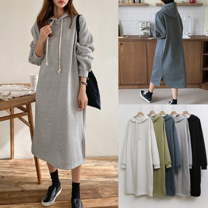 아이우먼 여성 빅사이즈 베이직 기모 후드 원피스 밑 옆트임 긴팔 캐주얼 봄 가을 겨울 후디 ops 55110 size 여자큰옷