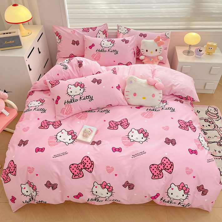 에프식스 헬로키티 순면 사계절 이불커버 베개커버 침대시트 침구 세트, 이불커버침대커버베개커버 세트, 2번