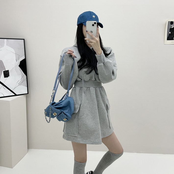 후드 스트링 허리밴딩 카고포켓 코튼 기모 미니 원피스