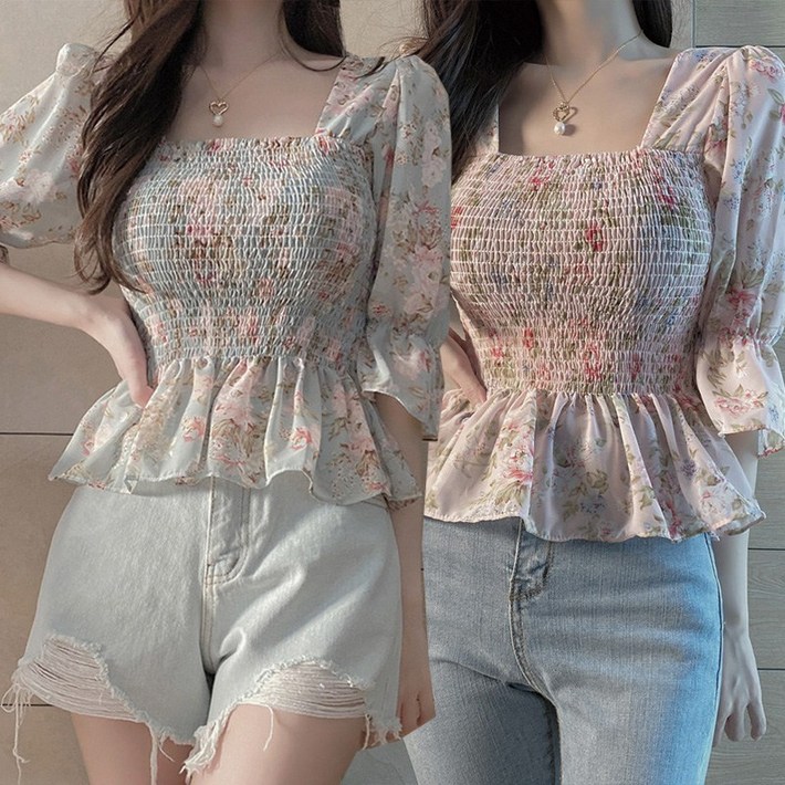 세인트이브 T565 2장 스퀘어넥 블라우스 프릴블라우스