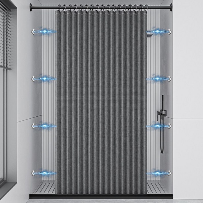 Alemon 자동접힘 욕실샤워커튼 양쪽 초강력 자석 방수 건습분리, 블랙 120200cm  1세트, 1개