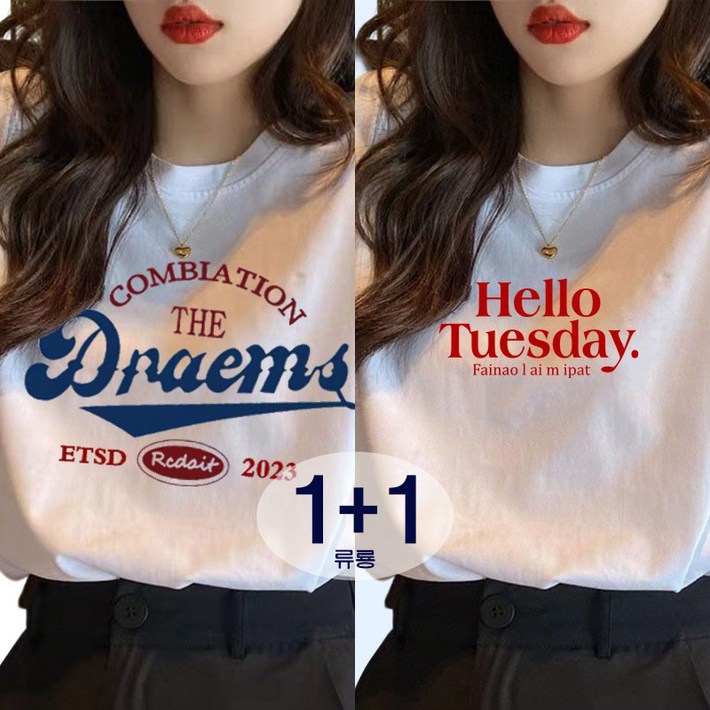 류룡 11 여성 여름 100순면 프린트 라운드넥 반팔티