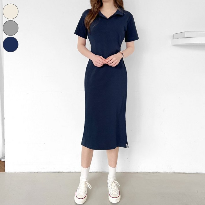 바비팩토리 여성용 편한 오픈 카라 반팔 롱원피스 국내생산 허리끈 롱기장 원피스