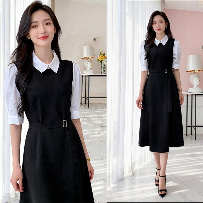비비디아 여성 셔츠 배색 정장 카라 A라인 플레어 롱원피스 오피스룩 벨트 원피스 S2XL 5621