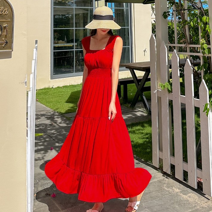 4466자체제작 비키비키 아리아나 원피스 맥시 롱 캉캉 루즈핏 체형커버 셀프웨딩 브라이덜샤워 민소매 여름 휴양지룩 바캉스 비치웨어