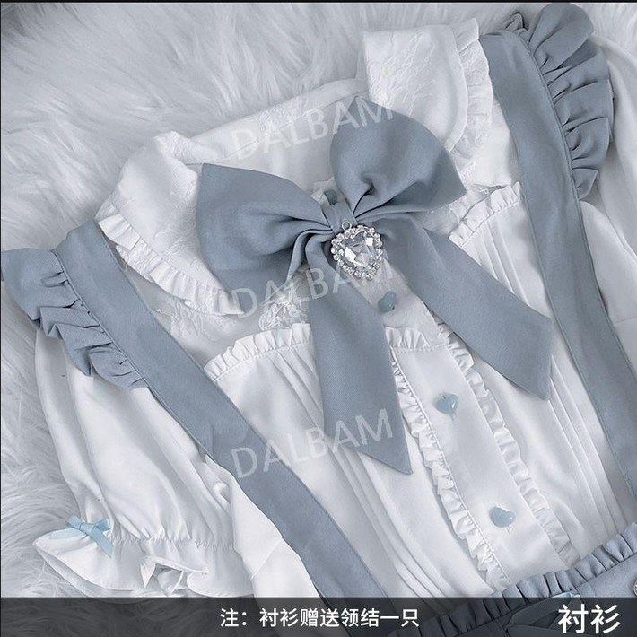 여성 일본스타일 양산형 지뢰계 반팔 프릴 셔츠 리본 포인트 스커트 단품 세트