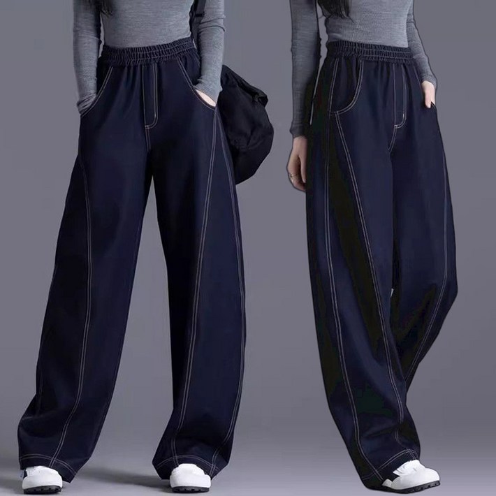 JUSTFEELING 허리밴딩 데님 청바지  와이드 여성 긴바지 봄 가을 하이웨이스트 편한 통바지 D10U