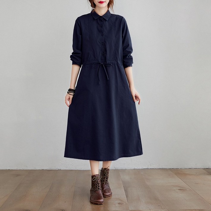 ANYOU원피스 긴팔 루즈핏 면 마 셔츠 롱스커트