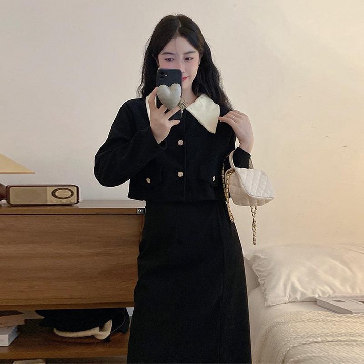 ANYOU 봄 가을 겨울 원피스  롱 원피스 일상 블랙